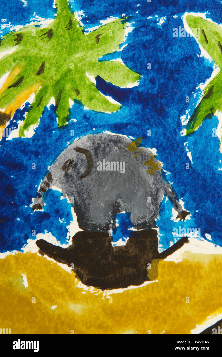 Pittura per i bambini di età superiore a dodici anni mostra un elefante e palme sotto un profondo blu calda estate cielo originale da George può Foto Stock