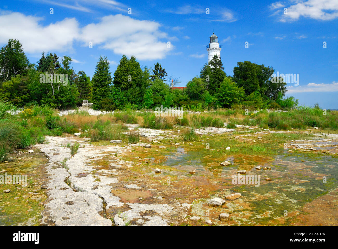 La Cana Isola Tower (Cana Island Lighthouse) vicino Baileys Harbour, Door County, Wisconsin, STATI UNITI D'AMERICA Foto Stock