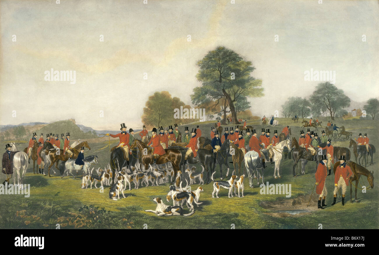 'Il Cheshire Hunt' a Charles G Lewis mezzosoprano incisione 1842 pubblicato dal dipinto da Henry Calvert a Tatton Hall, Cheshire, Inghilterra, Regno Unito. Foto Stock