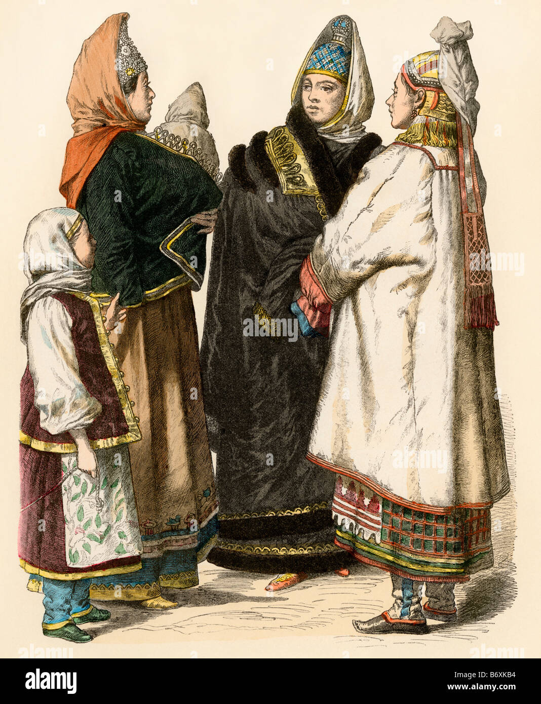 Federazione dei contadini in abiti invernali. Colorate a mano la stampa Foto Stock