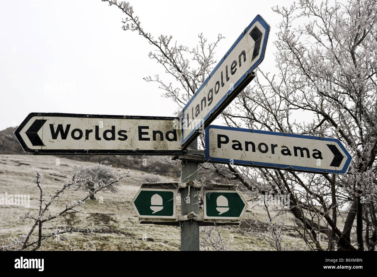 Cartello a Llangollen, in Galles, all'estremità del mondo e il panorama, marcatura Offa's Dyke Path Foto Stock