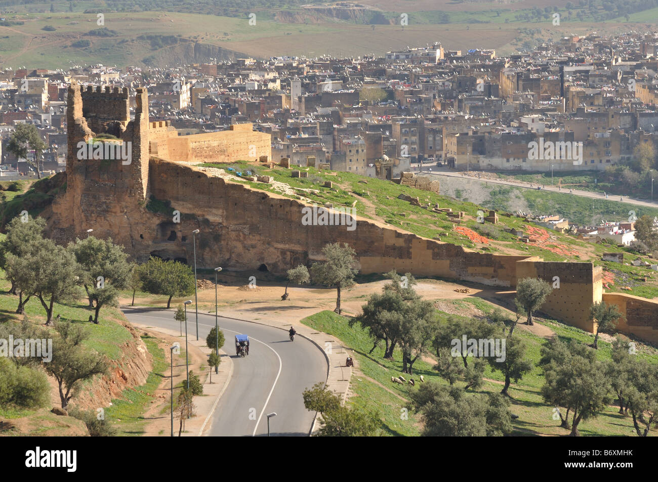 Vista aerea delle mura antiche della città di Fez, Marocco Foto Stock