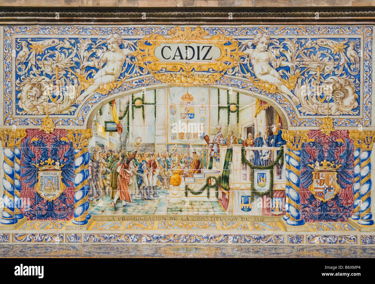 Siviglia Spagna piastrelle di ceramica nella Plaza de España che raffigurano la proclamazione della Costituzione nel 1812 in Cadiz Foto Stock