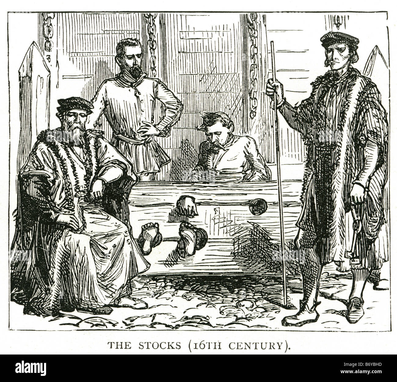 Le scorte del XVI centuary Pubblica umiliazione punizioni corporali tortura gogna pranger incernierato in legno medievale della scheda Foto Stock