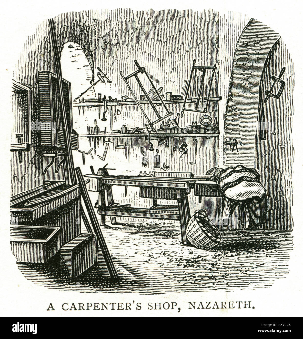 Bottega del falegname di Nazareth artigiano del legno di falegnameria a costruire mobili in legno manuale medievale del lavoro Foto Stock