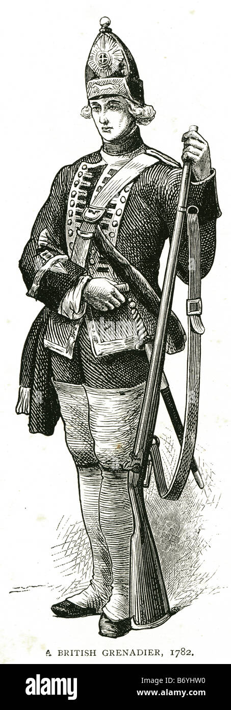 Un british grenadier 1782 militari britannici Regimental Quick Marzo Onorevole Compagnia di Artiglieria reggimento reale di Fusiliers sevent Foto Stock