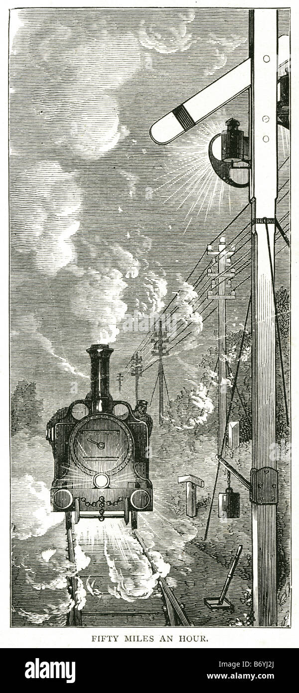 Cinquanta miglia a un'ora in treno stazione di traccia segno di alta velocità di motore lato paese al di fuori di vapore Foto Stock