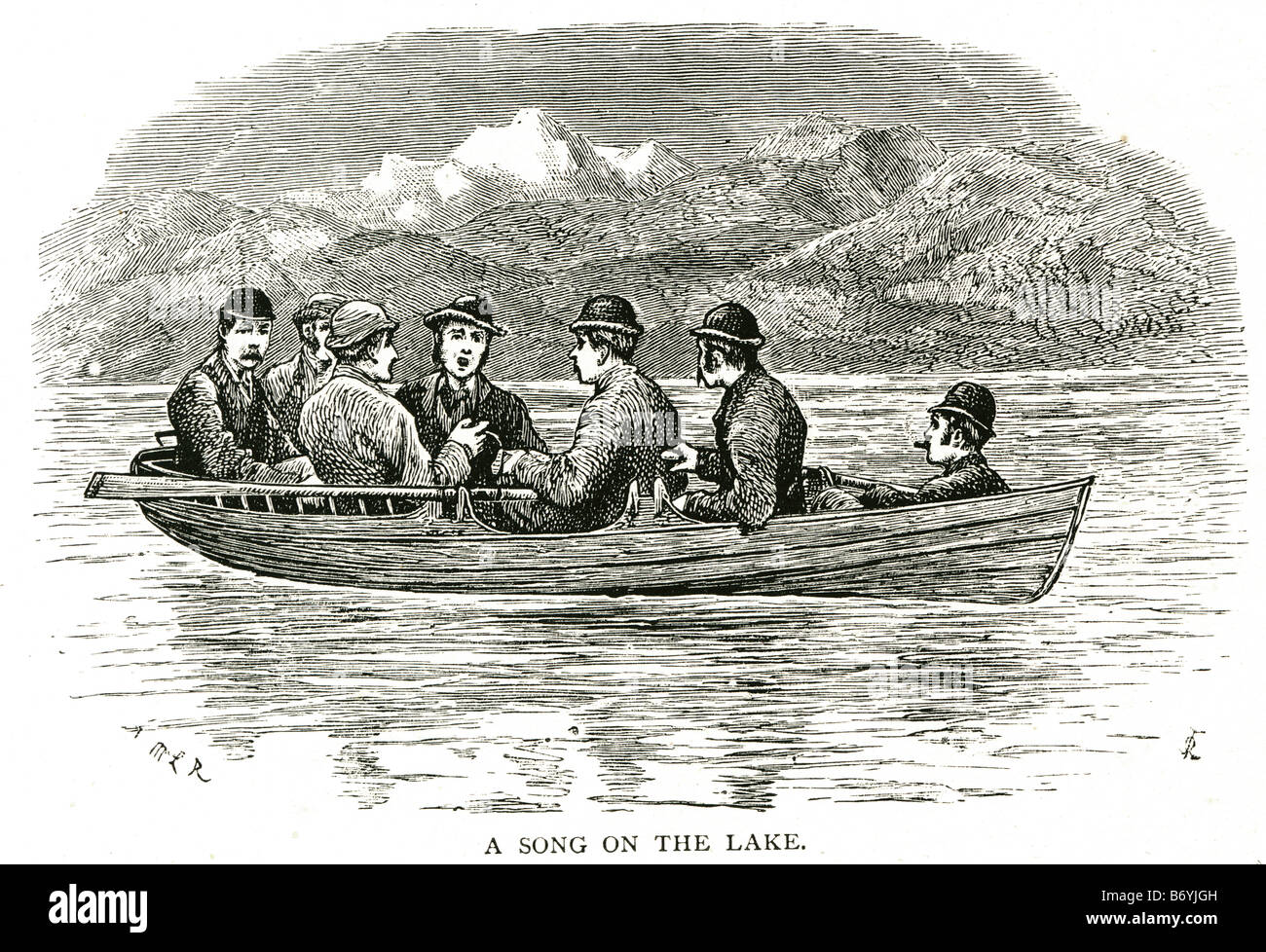 Barca a remi una canzone sul lago in barca a remi viaggio sport d'acqua periodo di ricreazione dress shore mountains abbigliamento tradizionale Foto Stock