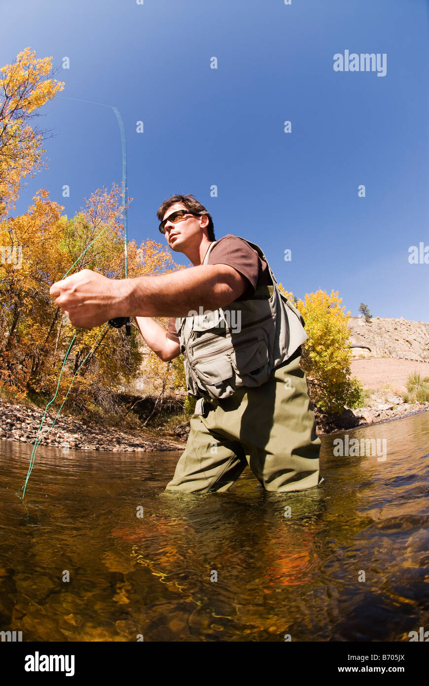 Un uomo di Pesca a Mosca Report di Pesca nella cache La Poudre fiume in autunno vicino a Fort Collins, Colorado. Foto Stock