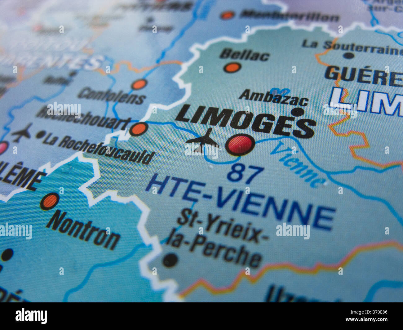 Mappa della Francia mostra Limoges e le sue aree circostanti Foto Stock