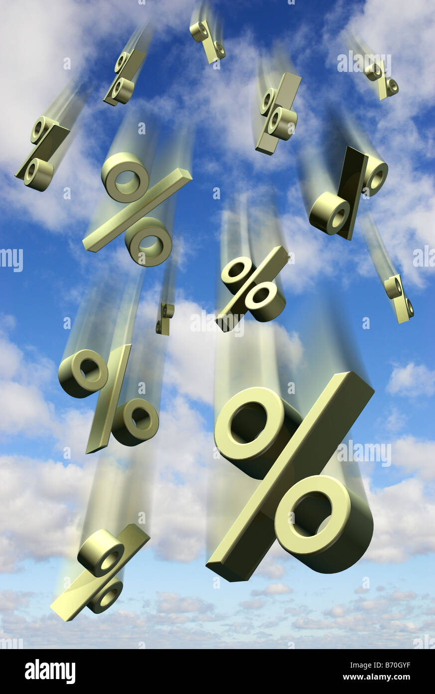 Percentuale di interesse tassi di caduta dei simboli contro un cielo blu - composito digitale Foto Stock
