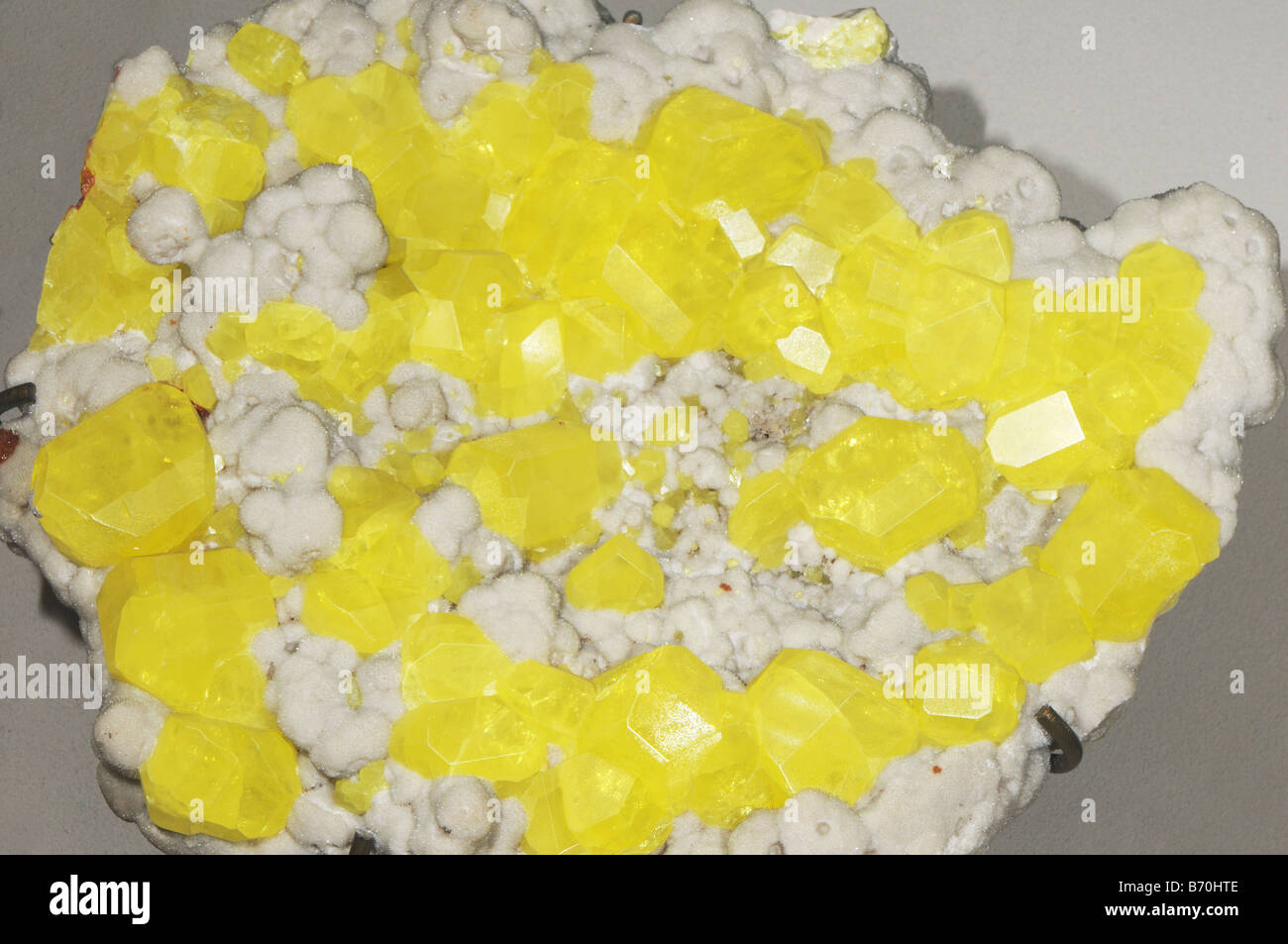 Cristalli di zolfo giallo sul campione di calcite dall Italia Foto Stock