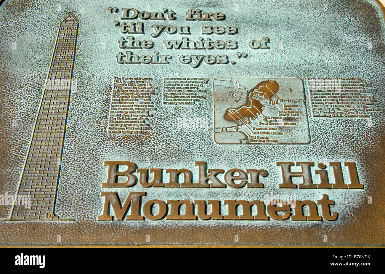 Monumento di Bunker Hill placca, Boston National Historical Park Foto Stock