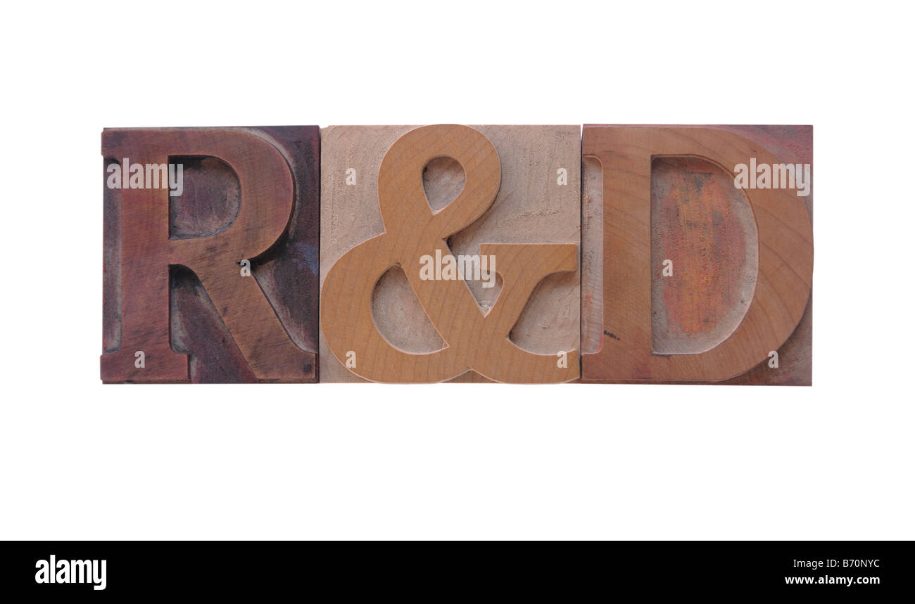 Il termine "R&D' nel vecchio macchiate con inchiostro di tipo legno Foto Stock