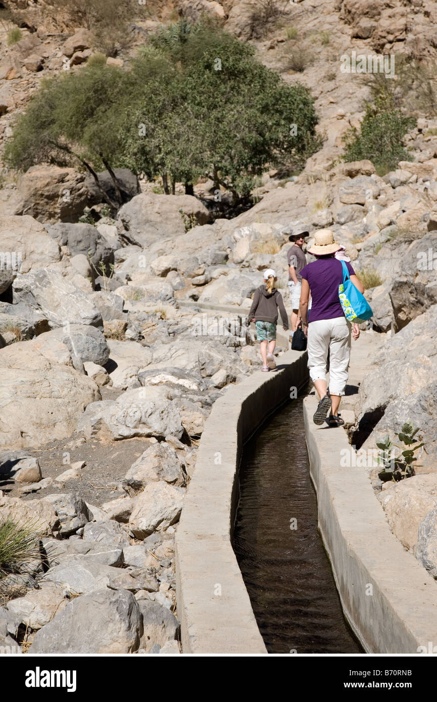 Falaj acqua impianto di irrigazione in un wadi in Oman Foto Stock