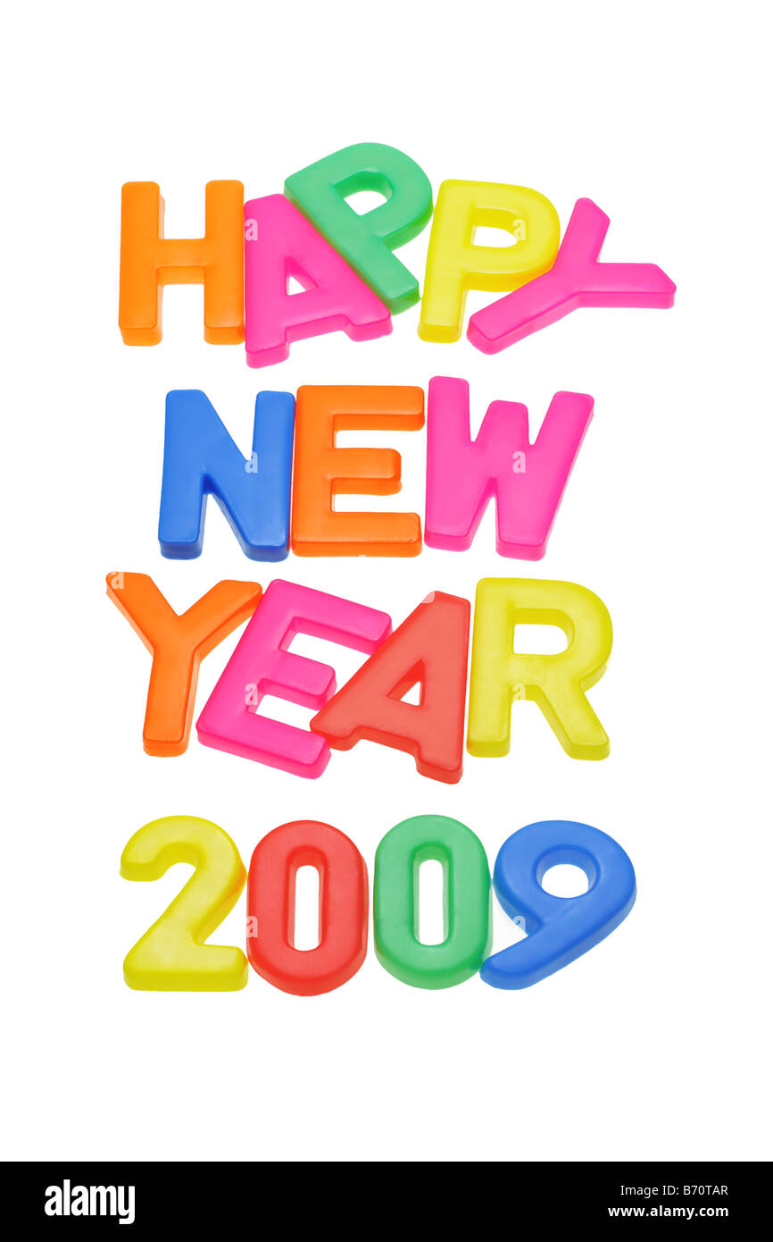 Alfabeto di plastica blocchi assemblati per visualizzare Felice Anno Nuovo 2009 Foto Stock