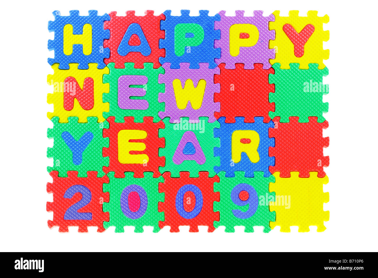 Alfabeto colorato blocchi puzzle assemblati per visualizzare Felice Anno Nuovo 2009 Foto Stock