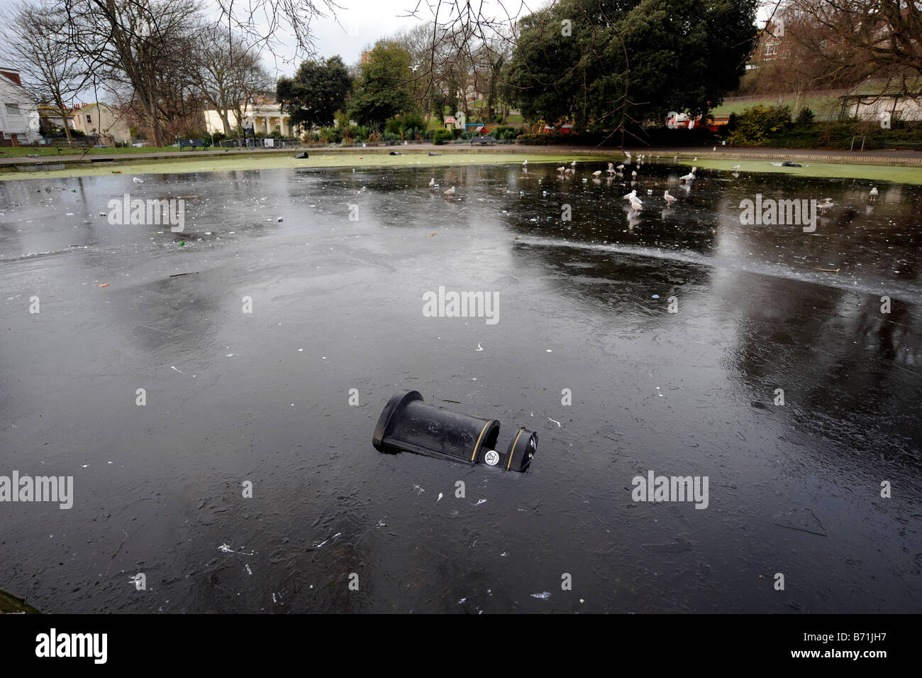 Contenitori per rifiuti gettati in Queens Park Pond Brighton sono intrappolati nel ghiaccio Foto Stock