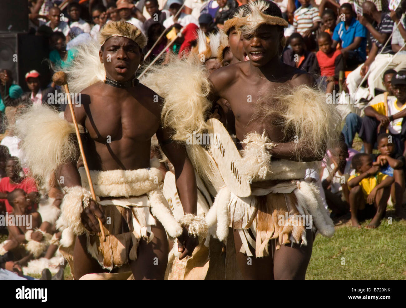 Zulu warriors mostrano le loro mosse a un concorso di danza nella provincia di KwaZulu-Natal provincia in Sud Africa. Foto Stock