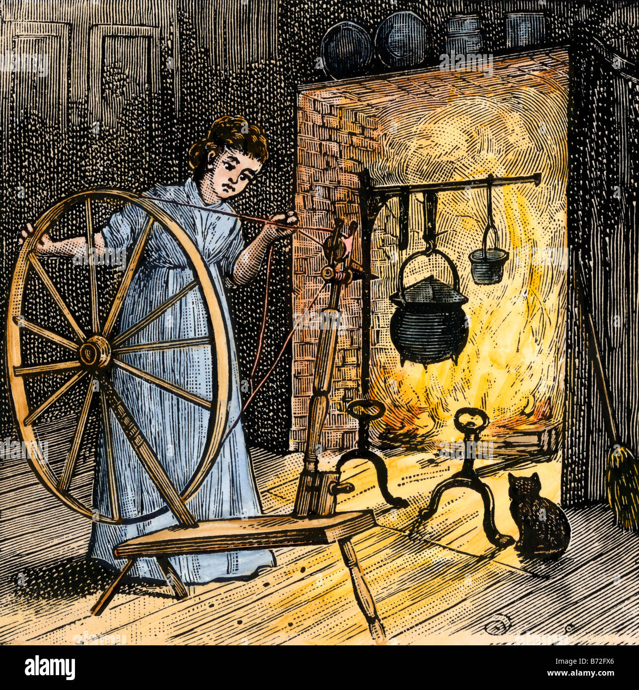 Pioneer donna alla sua ruota di filatura da vicino al caminetto. Colorate a mano la xilografia Foto Stock
