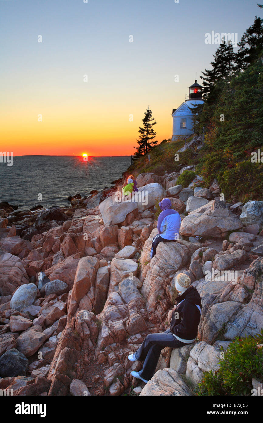 Tramonto, porto basso faro, Parco Nazionale di Acadia, Maine, Stati Uniti d'America Foto Stock