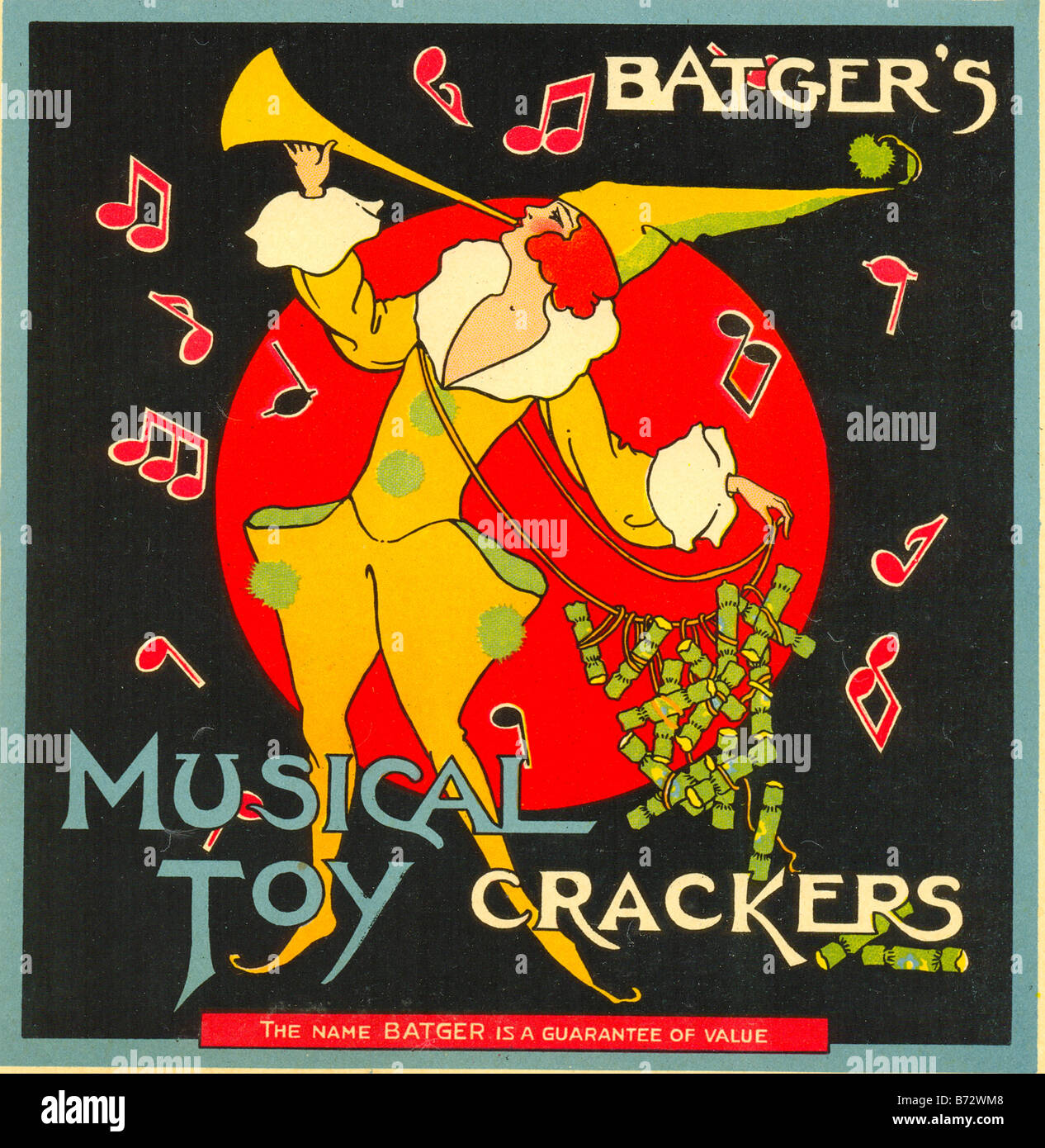 Etichetta di casella per Batger musicale del giocattolo cracker circa 1930 Foto Stock