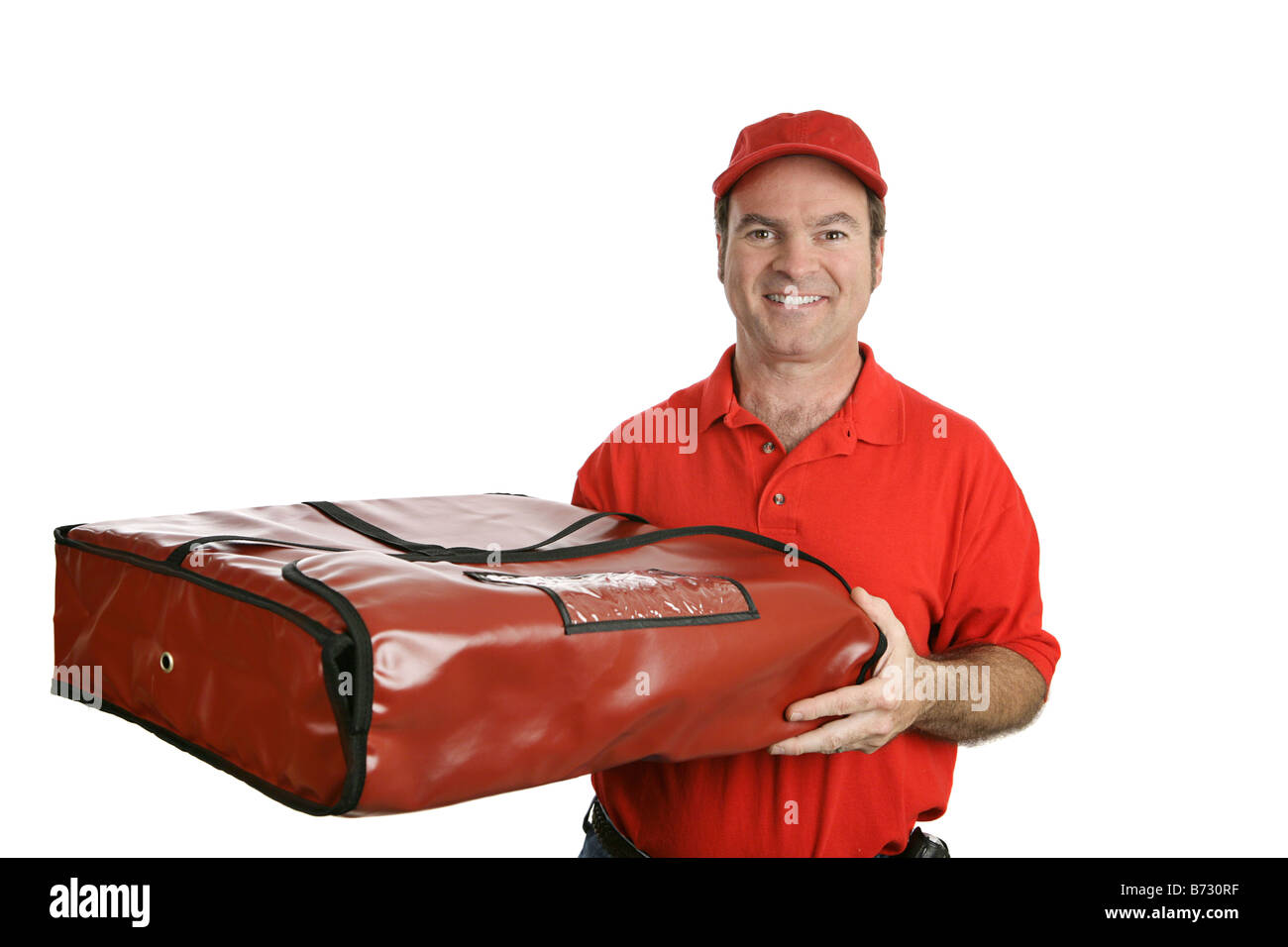 Una pizza consegna uomo che porta una pizza termica la sacca di erogazione  per trattenere il calore isolato su bianco Foto stock - Alamy