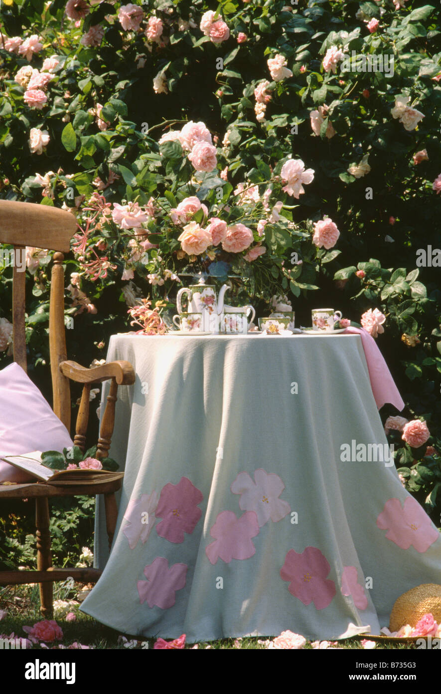 Rose-teaset modellato sulla tavola circolare con panno appliqued davanti le rose rosa in estate country garden Foto Stock