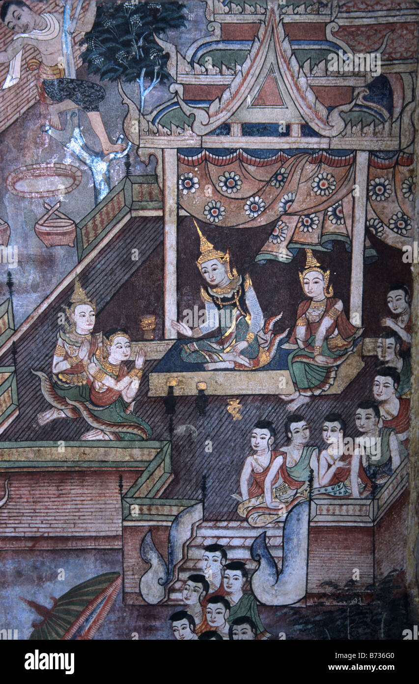 Thai Royal scena di corte o di pubblico rappresentato in un murale o pittura murale, Wihan Lai Kham, Wat Phra Singh, Chiang Mai, Thailandia Foto Stock