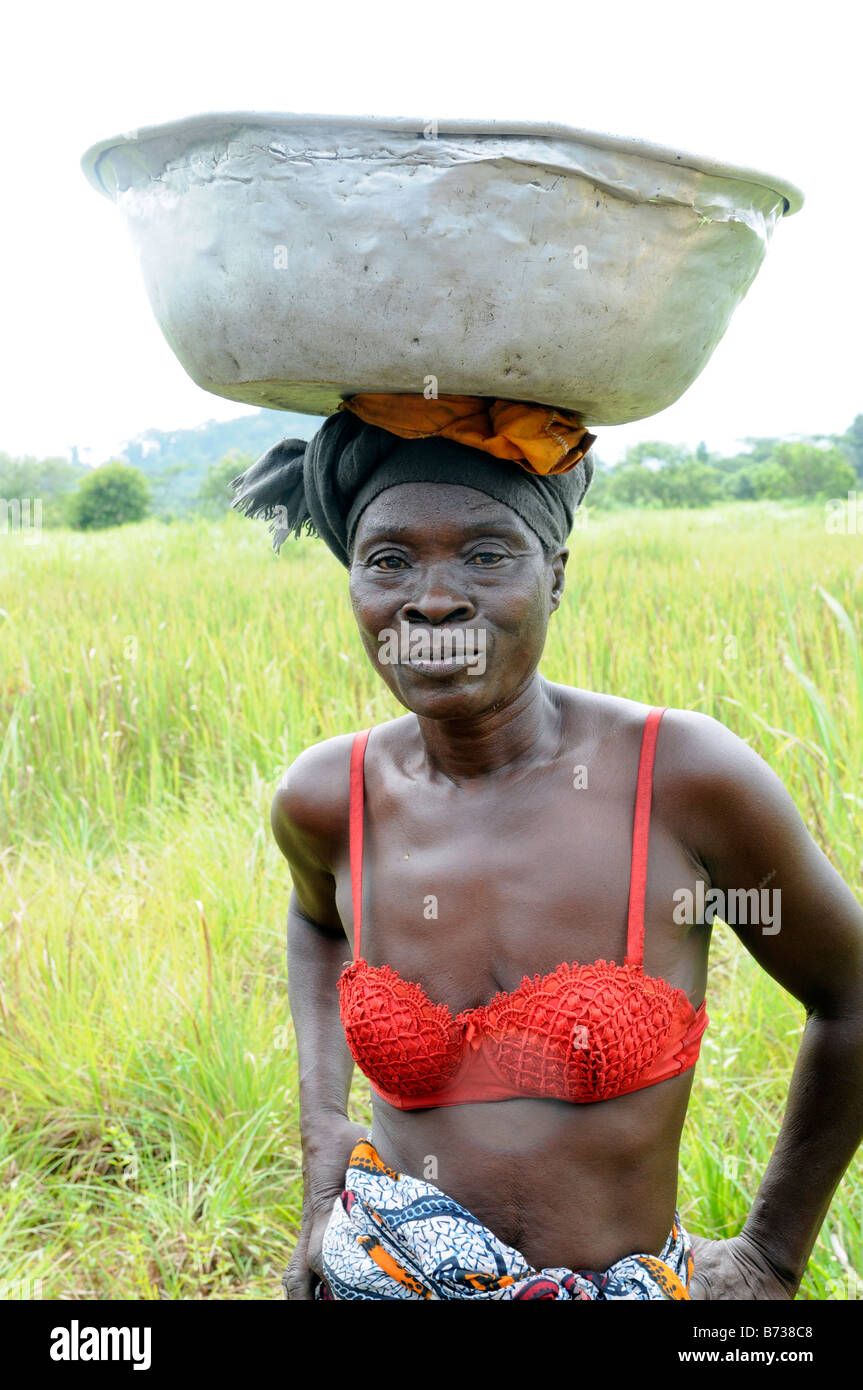 Donna liberiani nella parte superiore rossa con stagno pan bilanciamento sulla testa in prossimità Grassfield Nimba County Foto Stock