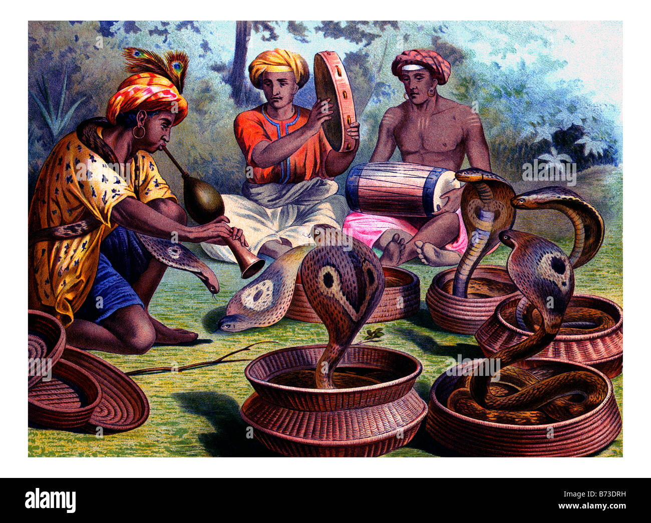 Illustrazione di incantatori di serpenti utilizzando Spectacled Cobra Foto Stock