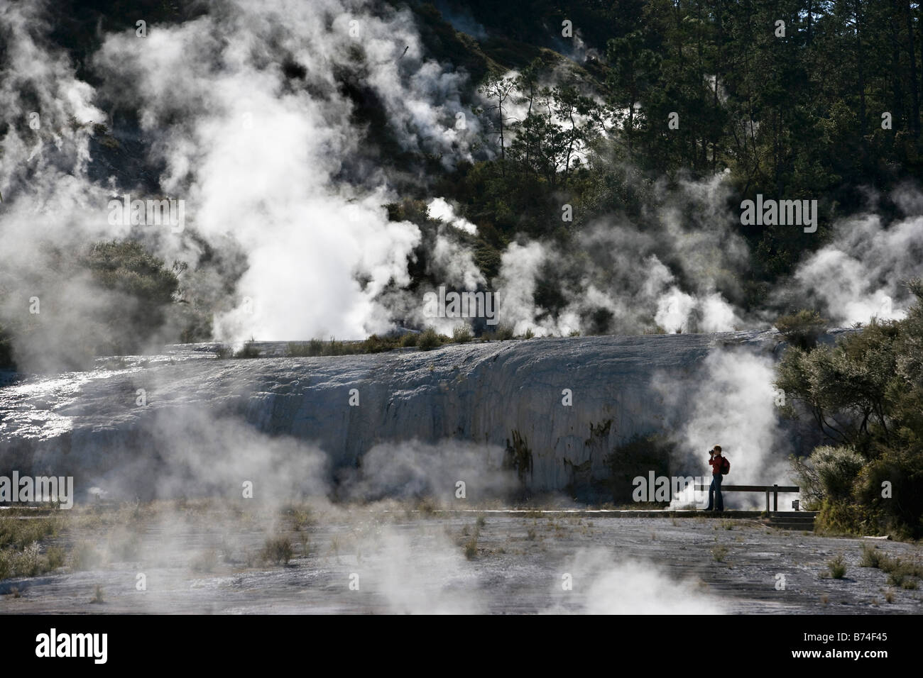 Nuova Zelanda, Isola del nord, Orakei Korako, zona termale. Donna di scattare la foto. Foto Stock