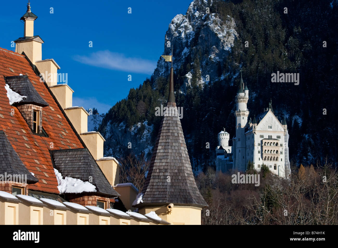 Hohenschwangau e castelli di Neuschwanstein vicino a Fussen, Baviera Germania Foto Stock