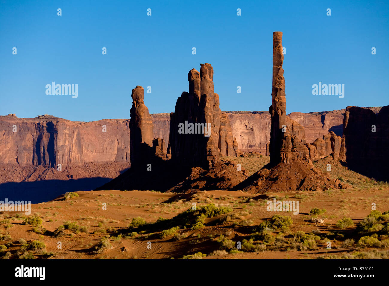 Totem rock formazione il parco tribale Navajo Monument Valley, Arizona, Stati Uniti d'America Foto Stock