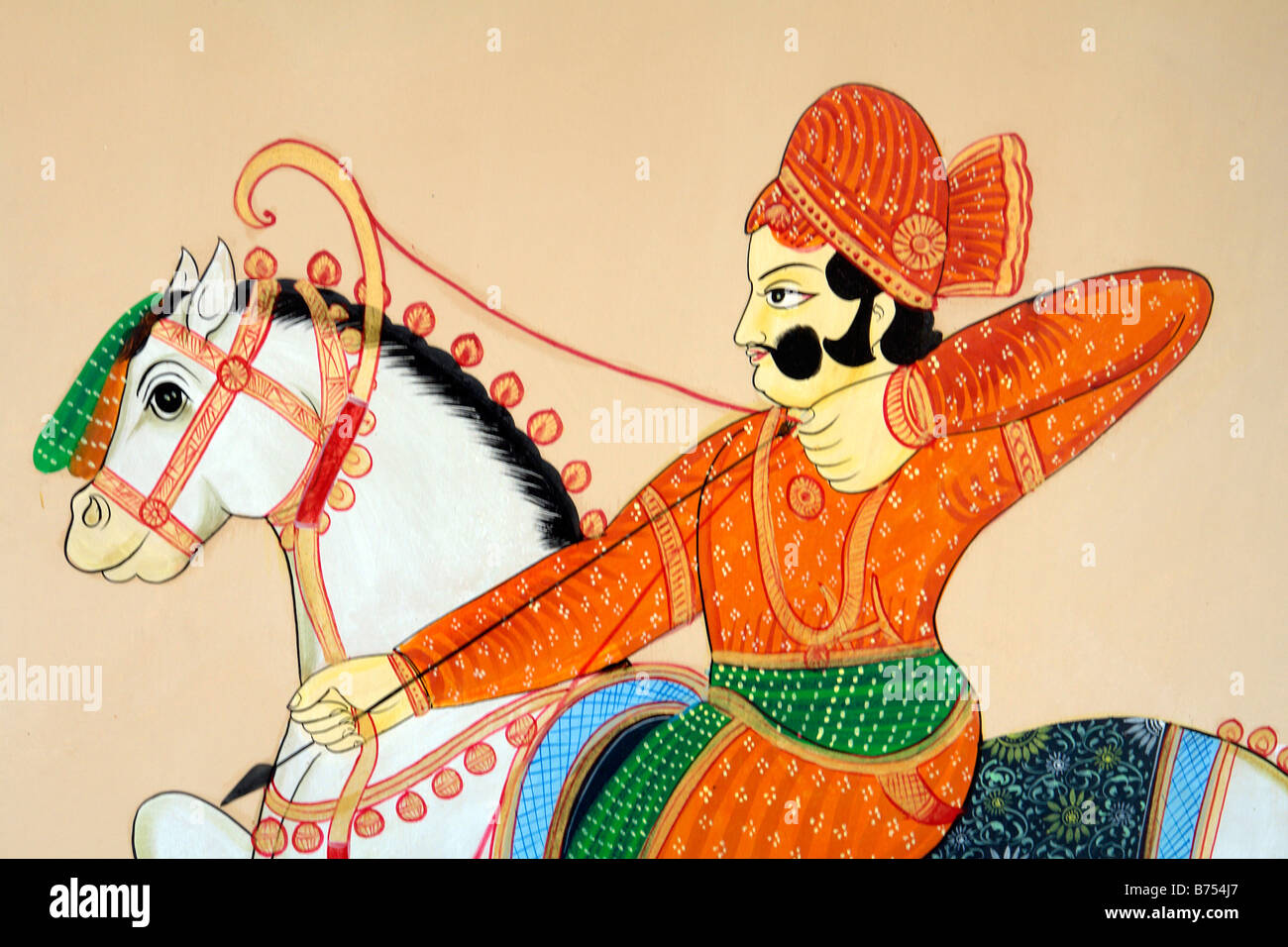 Tradizionale uomo indiano con arco e frecce caccia dipinti a muro o affresco vicino a nawalgarh Foto Stock