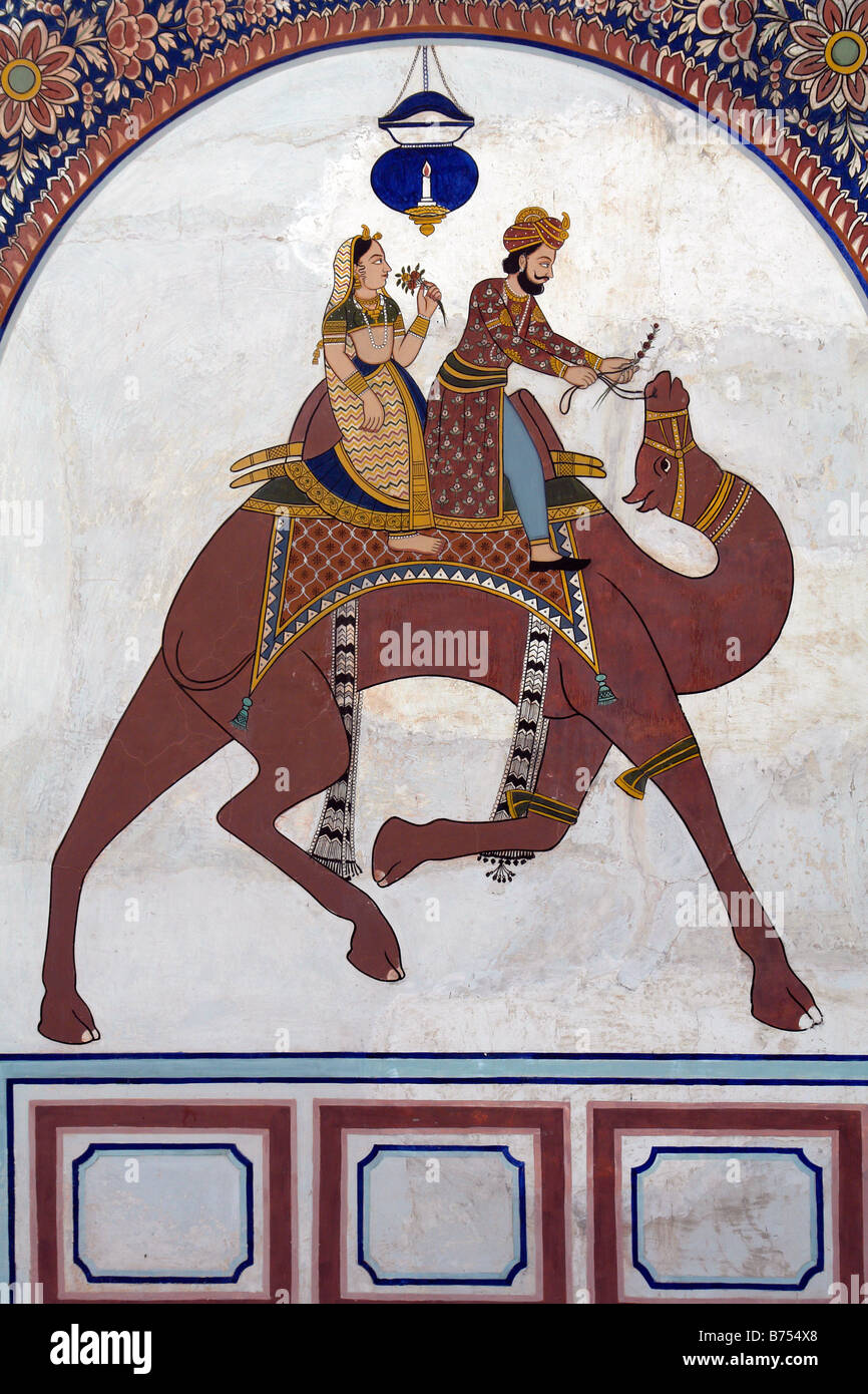 Camel riders pittura murale o affresco al anandilal poddar haveli o casa di mercanti in nawalgarh Foto Stock