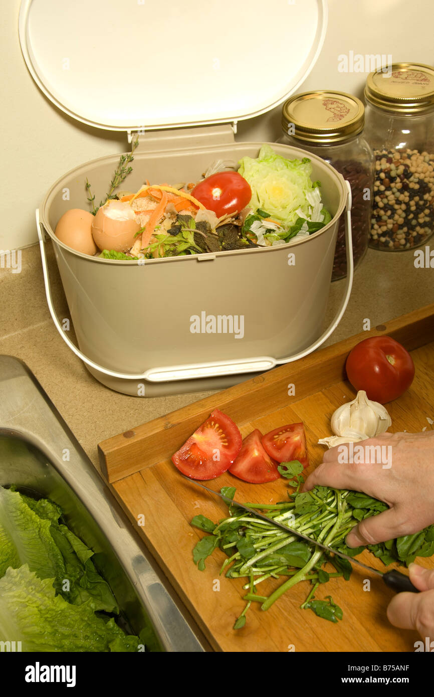 Disco per affettare verdura, vari sfridi visto in cucina il compost secchio, Toronto, Ontario, Canada Foto Stock