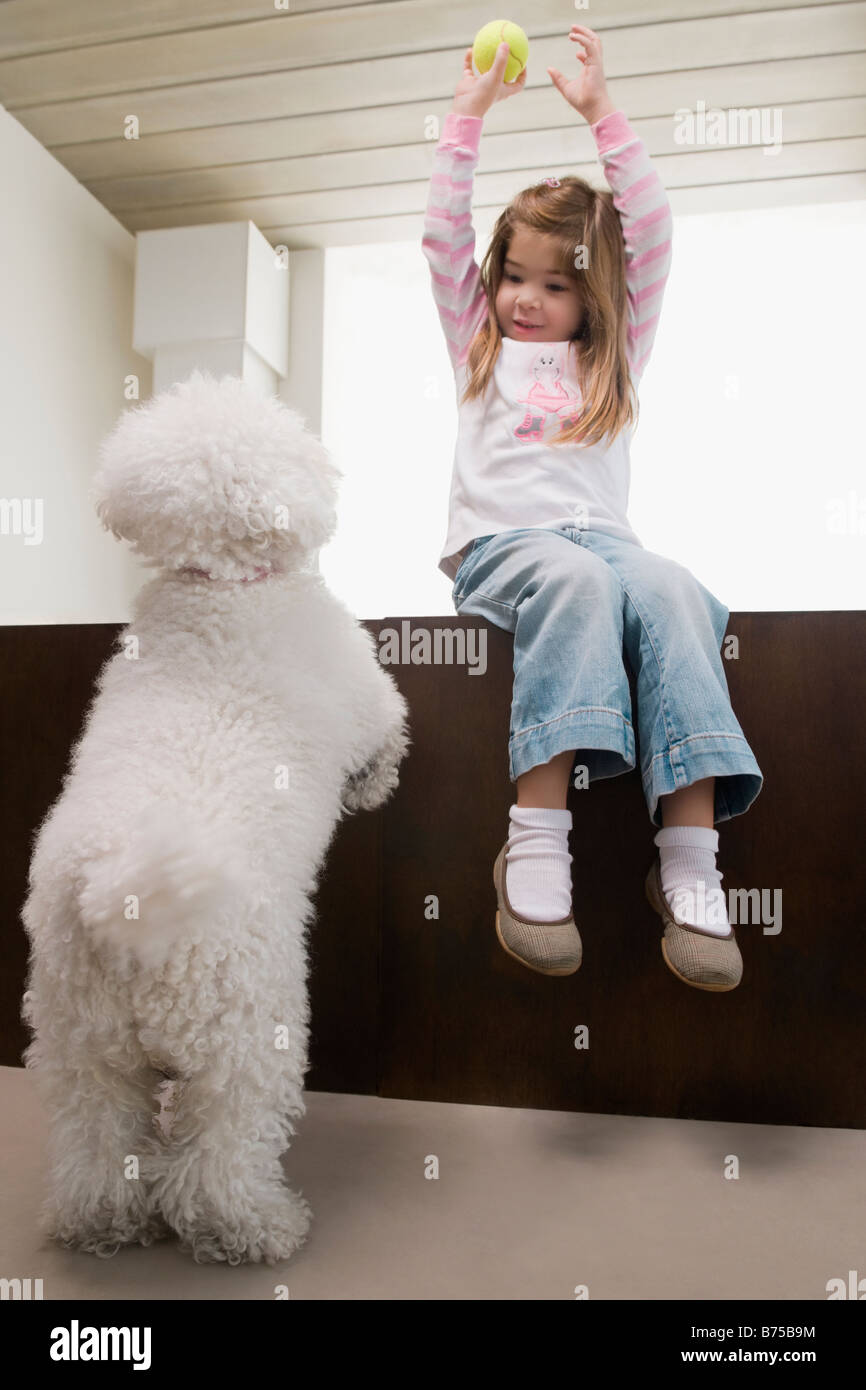 Basso angolo vista di una ragazza che gioca con un cane Foto Stock