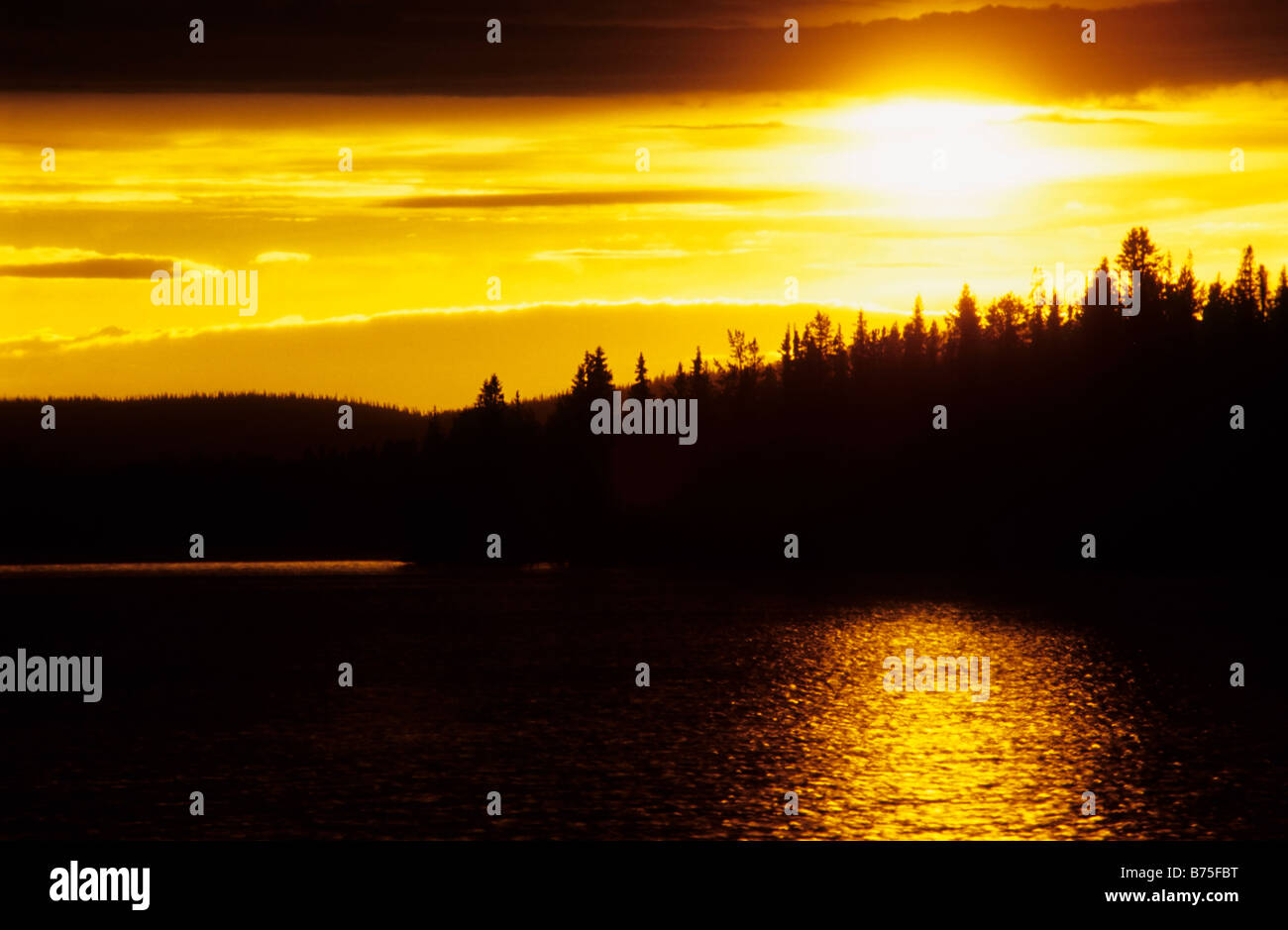 Il sole di mezzanotte su un lago vicino 'Gaellivare' Lapponia svezia Foto Stock