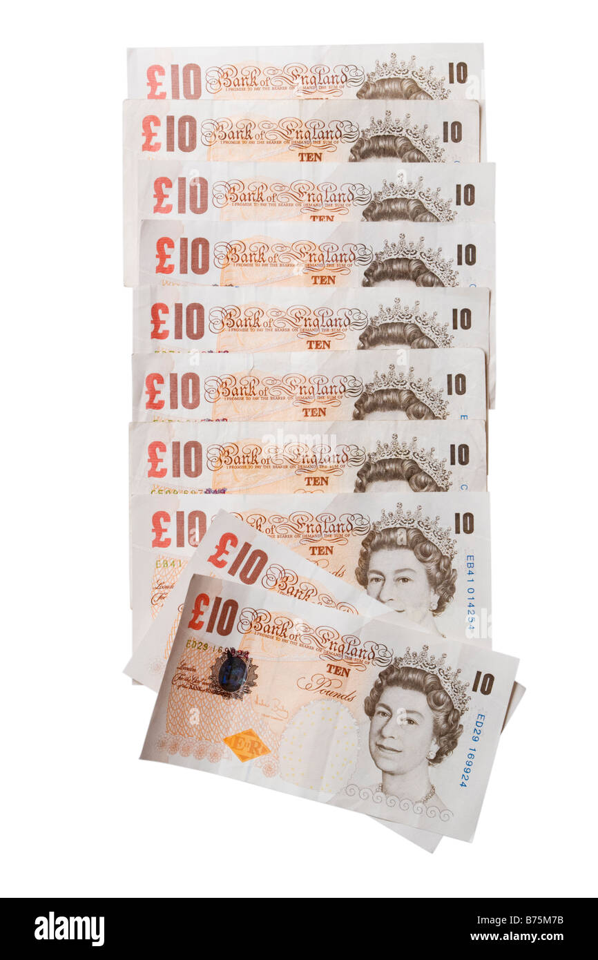 Un centinaio di chili in dieci pound note Foto Stock
