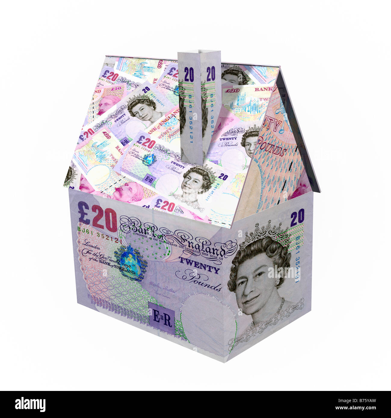 Casa fatta da 20 Pound sterling note - 3D render cgi concetto finanziario Foto Stock