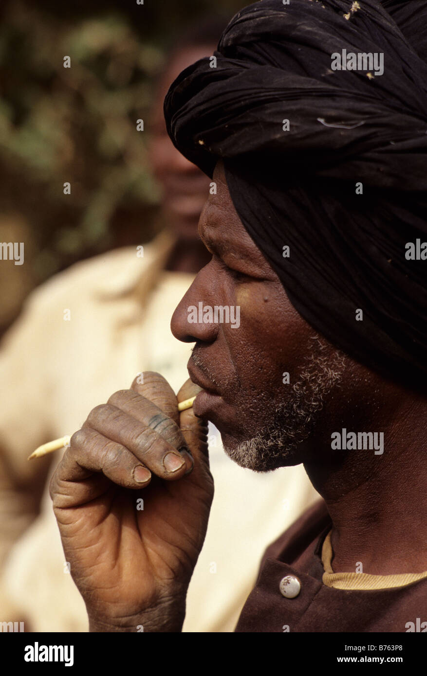 Vicino a Niamey, Niger, Africa occidentale. Fulani agricoltore usa un bastone da masticare per pulire i suoi denti. Foto Stock