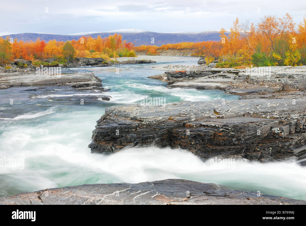 Whitewater river mountain torrent abisko canyon paesaggio abisko parco nazionale di norrbotten lapponia Svezia europa autunno Foto Stock