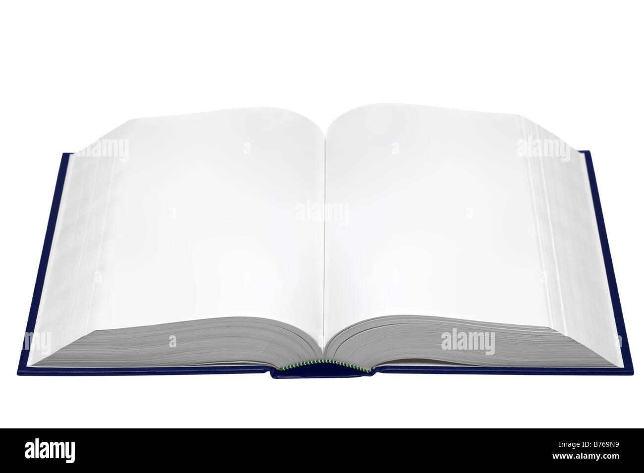 Copertina rigida con un libro aperto con pagine vuote isolate su uno sfondo bianco Foto Stock