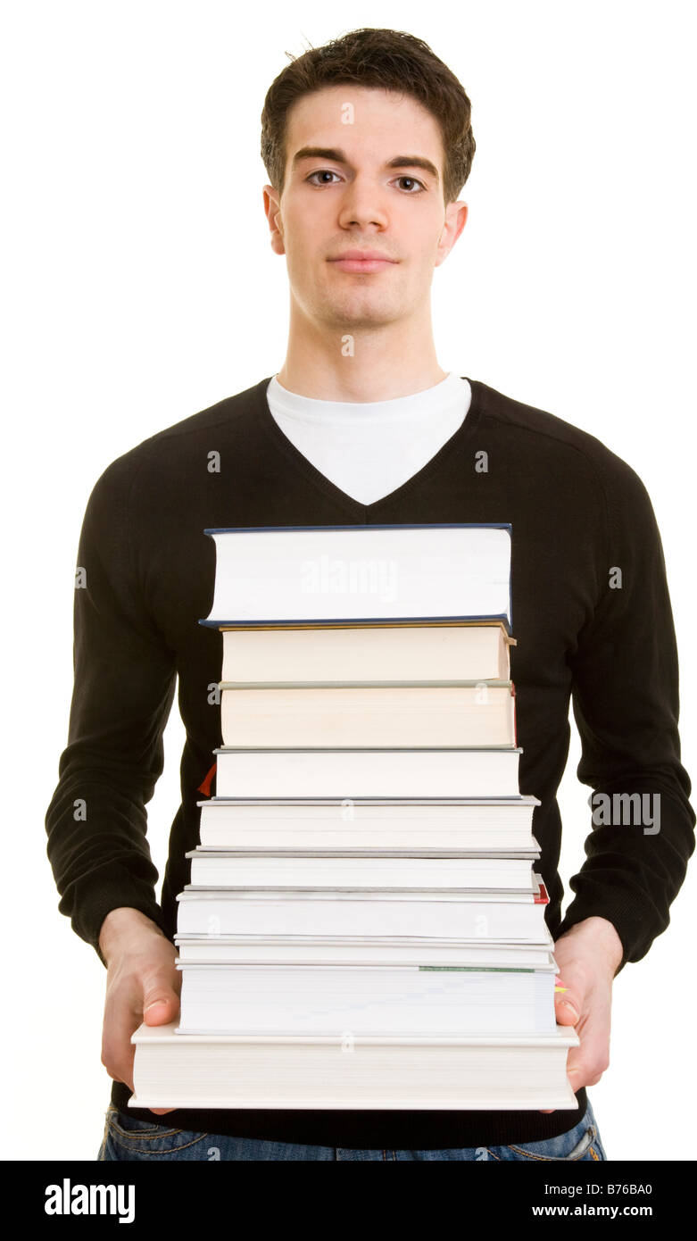 Giovane uomo con molti libri Foto Stock