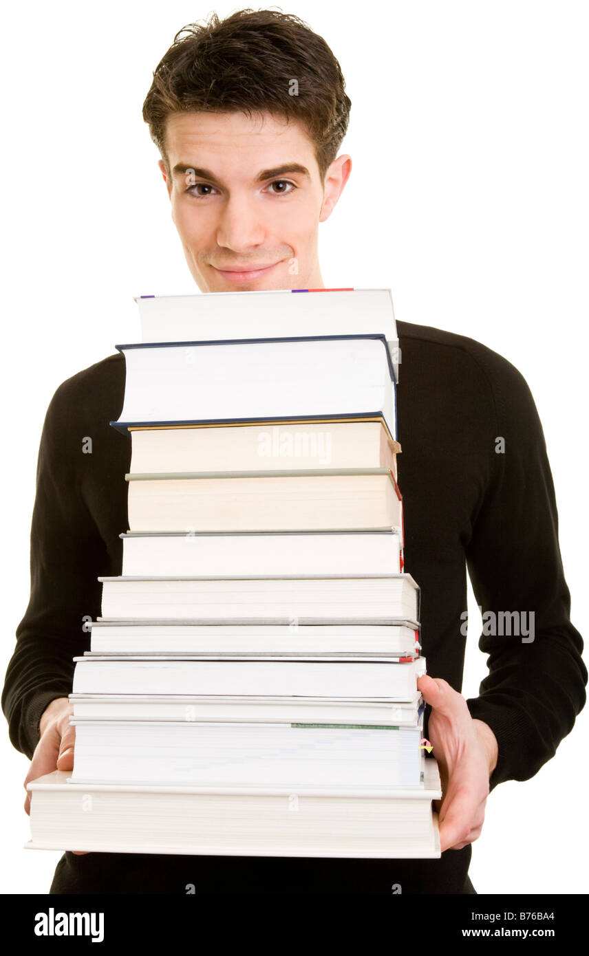 Giovane uomo con molti libri Foto Stock