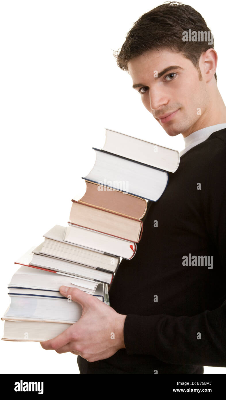 Giovane uomo con molti libri Foto Stock