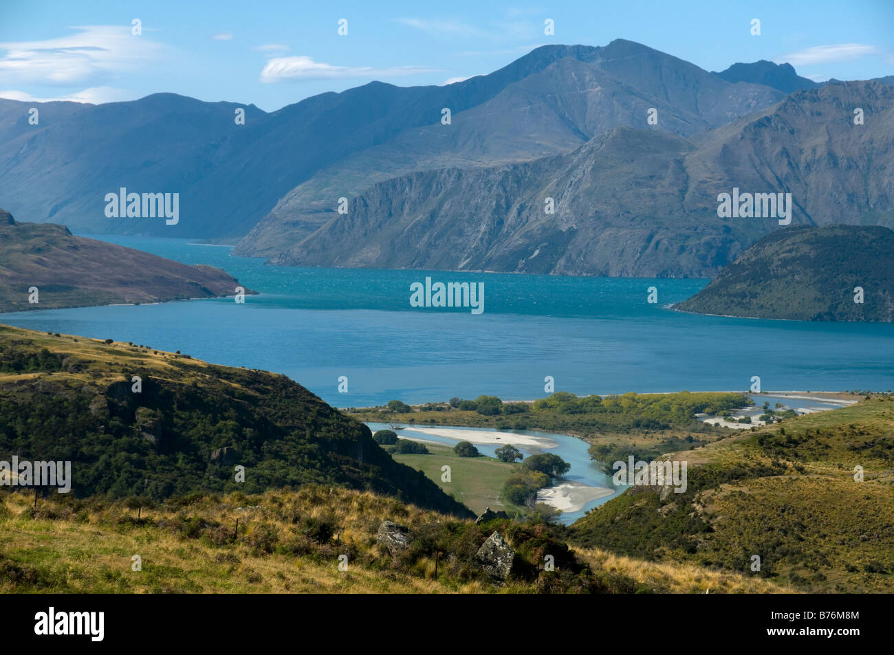 Lago Wanaka da Rocky Peak, Diamond Lake Track, vicino a Wanaka, South Island, Nuova Zelanda Foto Stock