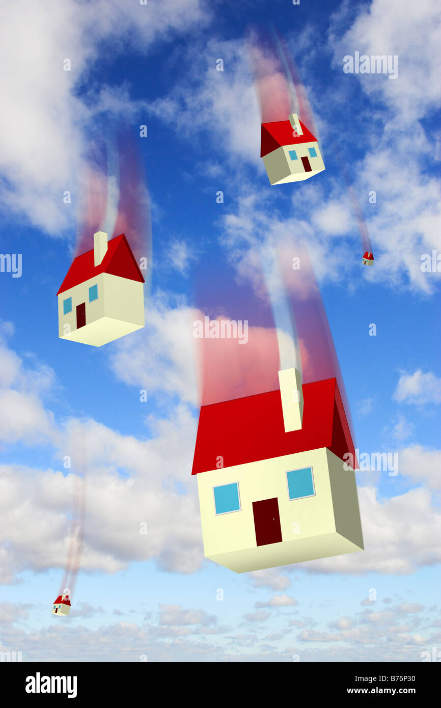 La caduta di case contro un cielo blu che rappresenta l'alloggiamento i valori di mercato e recupero - composito digitale Foto Stock