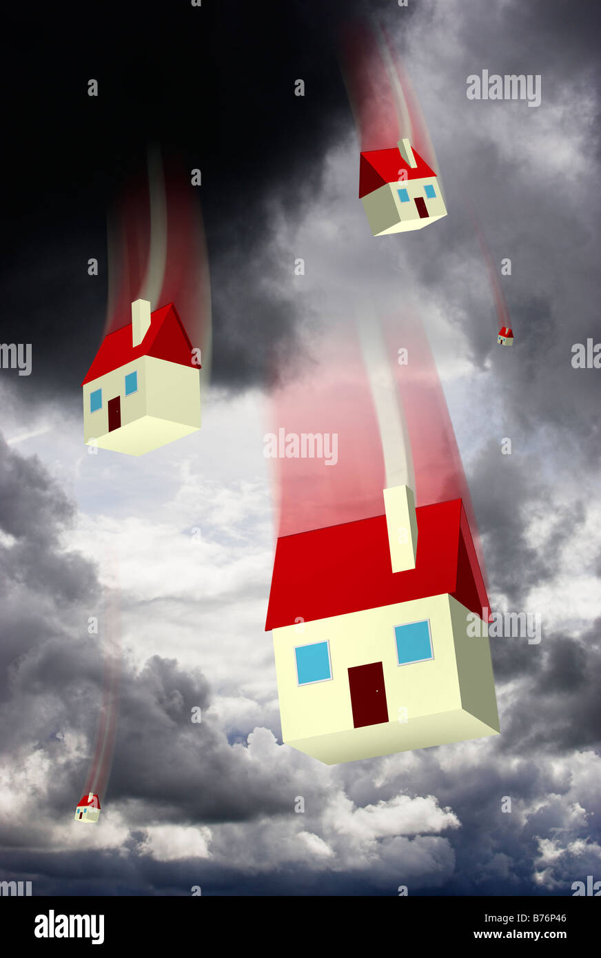 La caduta di case contro un cielo tempestoso alloggiamento che rappresentano i valori di mercato e recupero - composito digitale Foto Stock